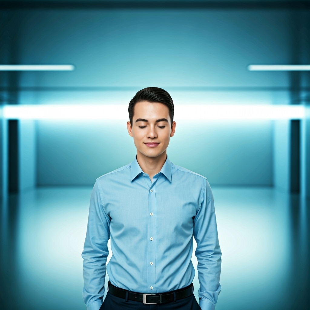 Person meditating in a calm blue room